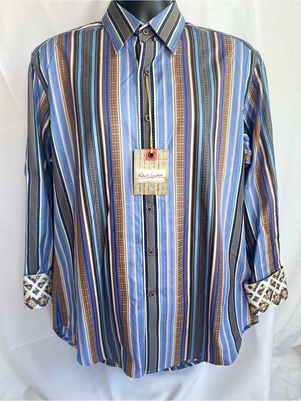 NWT Robert Graham Shirt Mens M Multicolor Stripe Silk Trim Geometric Embroidered